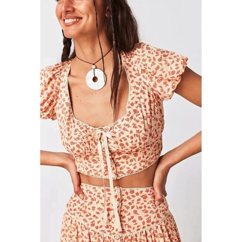 Free People Boho Earthy Granola Cottagecore “Easy to Love” Milkmaid Top w Bow L